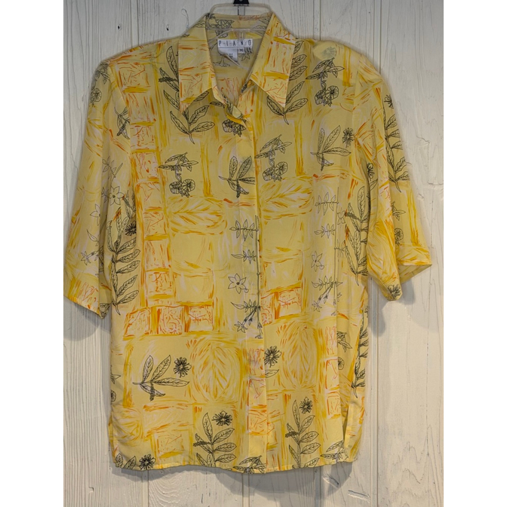 PIANO Yellow Orange Floral Silk Button Down Vintage Shirt M